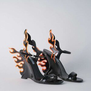 Authentic Prada 2018 Archival Patent Leather Flame Wedge Heels-WORN